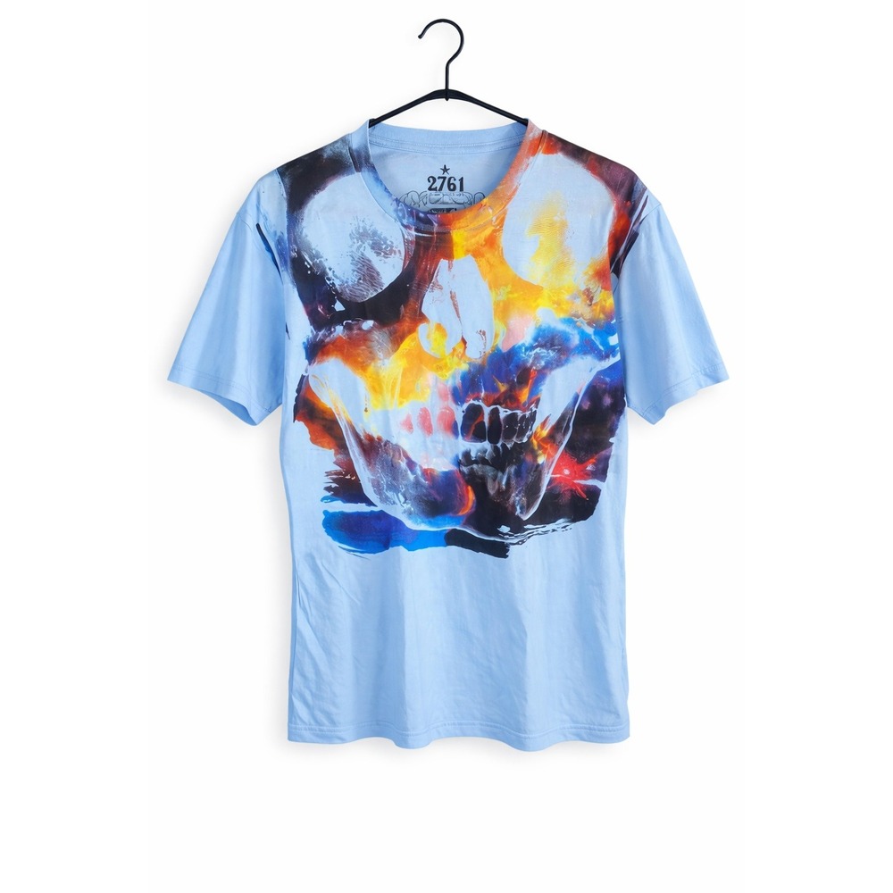 NWT 2761 La Vida Mens M Skull Graphic T Shirt Blue Rockstar Tee Y2K‎